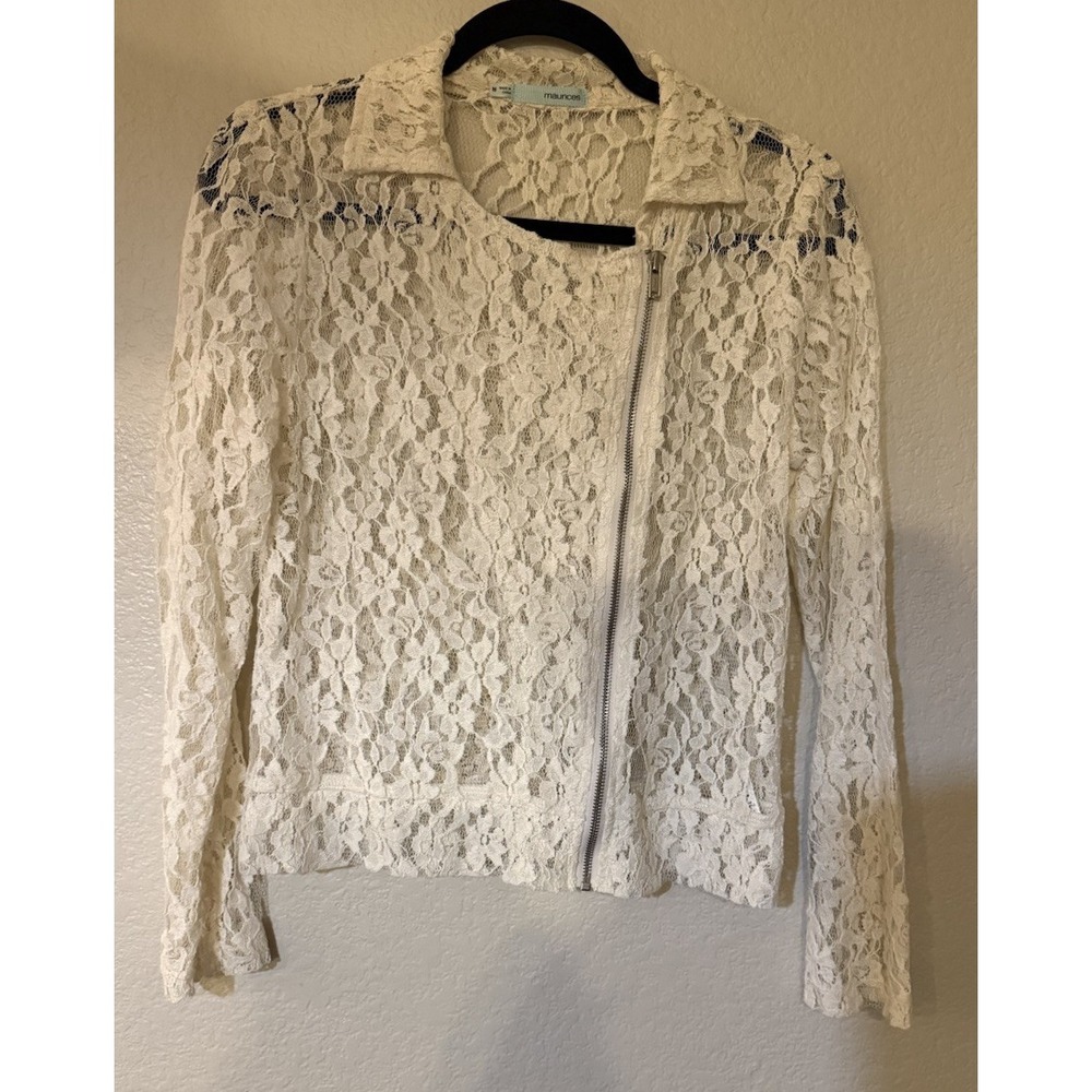 Maurices Womens Medium Lace Moto Jacket Ivory Floral Sheer Asymmetric Zip Artsy